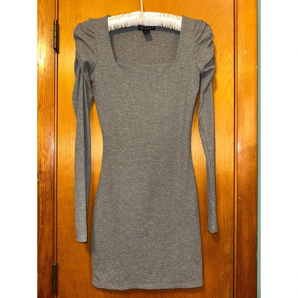 Revamped Long Sleeve Square Neck Bodycon Dress Gray - Picture 1 of 4